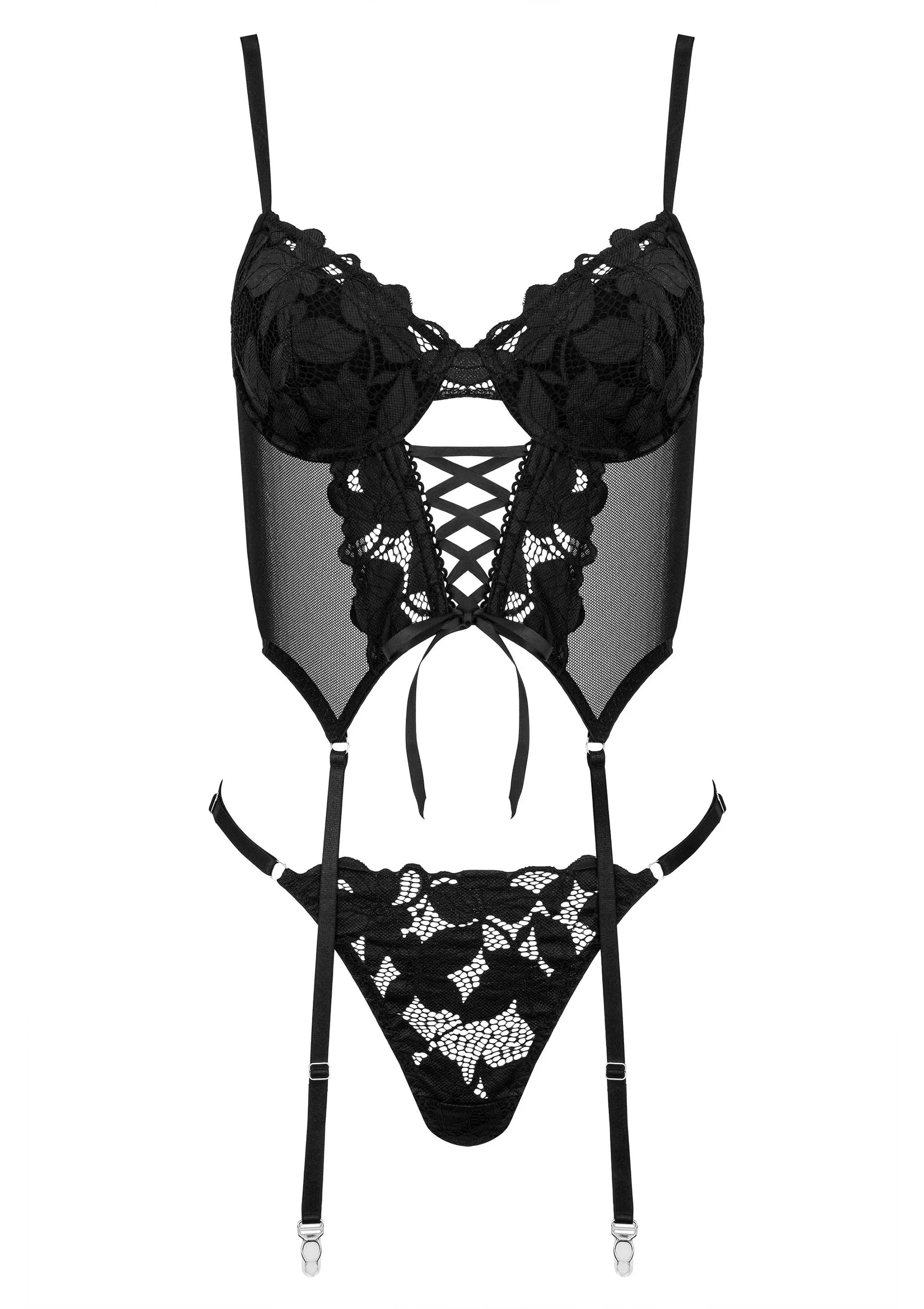 Zwarte kanten corset en string op vlakke achtergrond, met cut-out en jarretelbanden