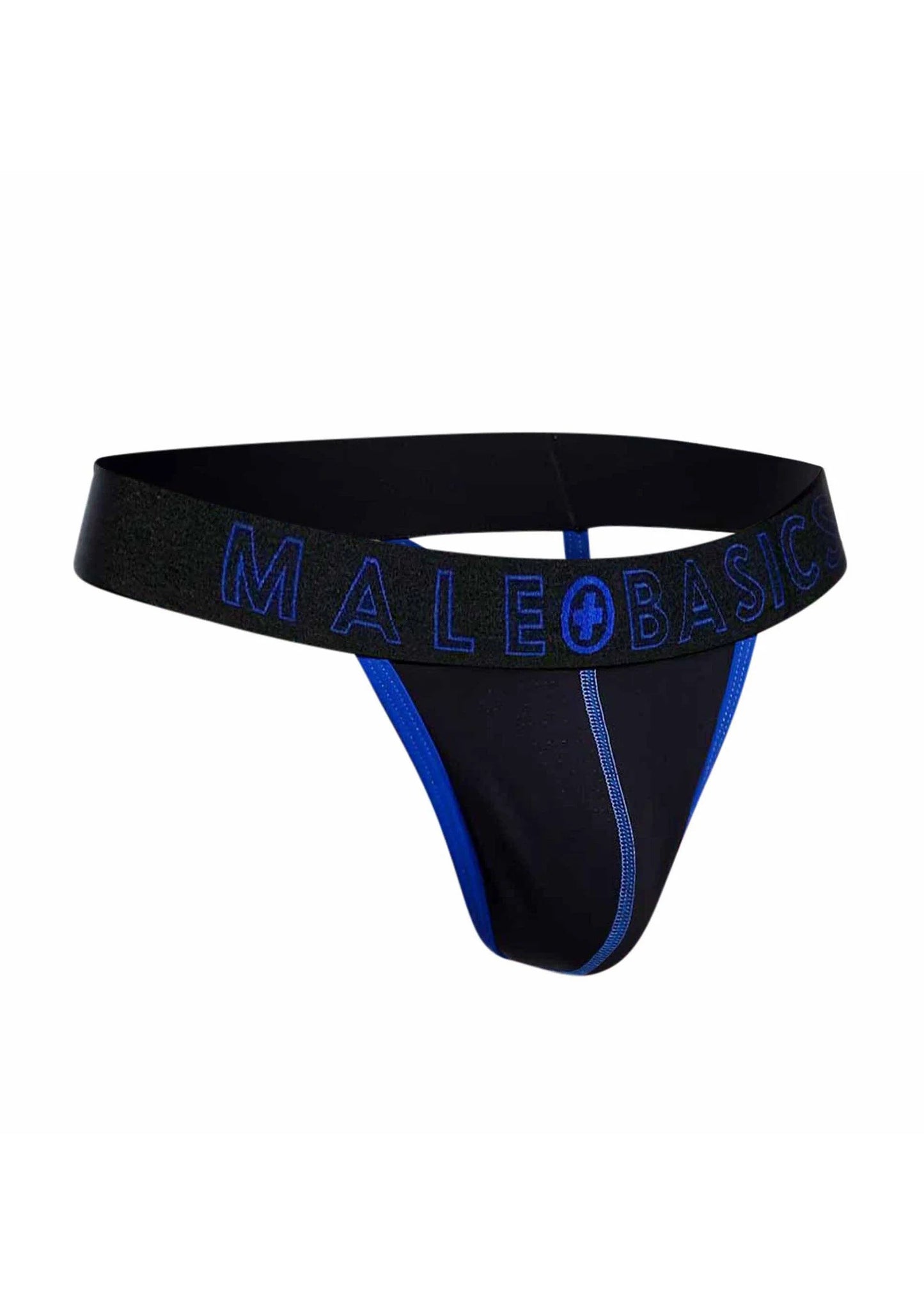 Zwarte heren string met blauwe biezen en MaleBasics-logo op tailleband
