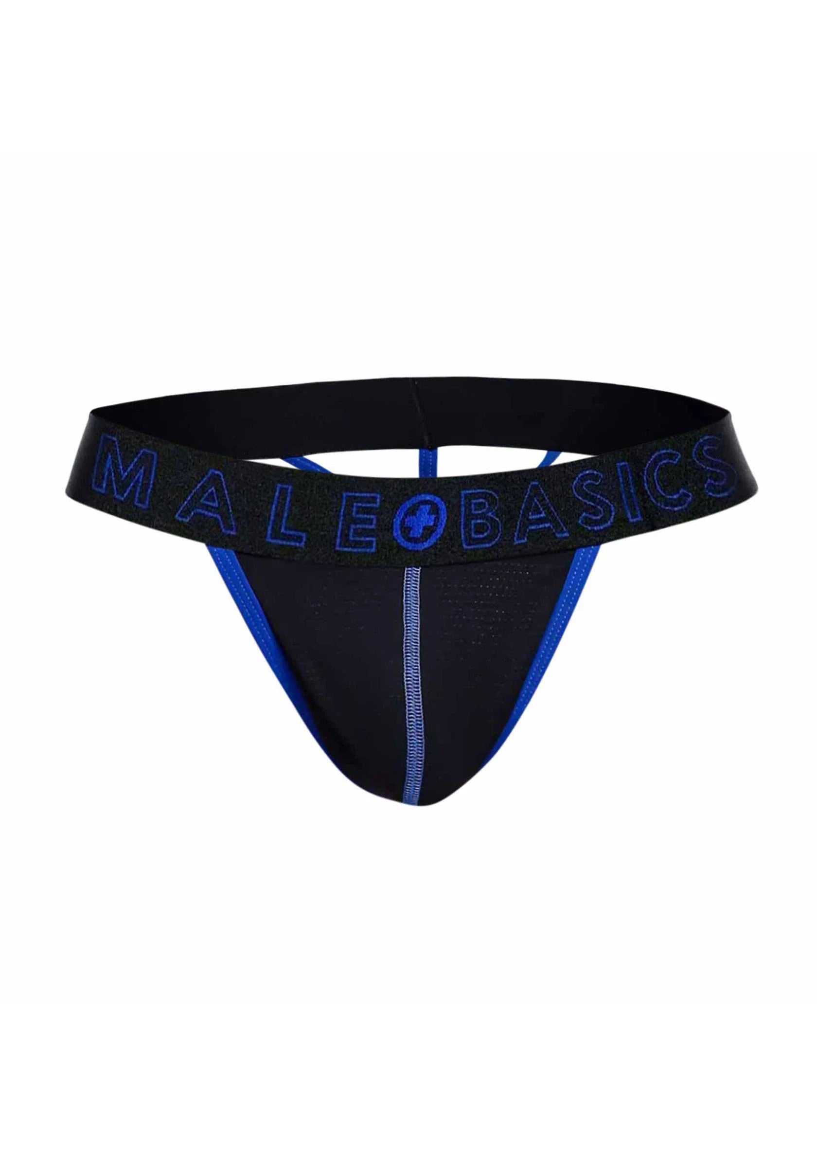 Zwarte heren string met blauwe biezen en MaleBasics-logo op tailleband
