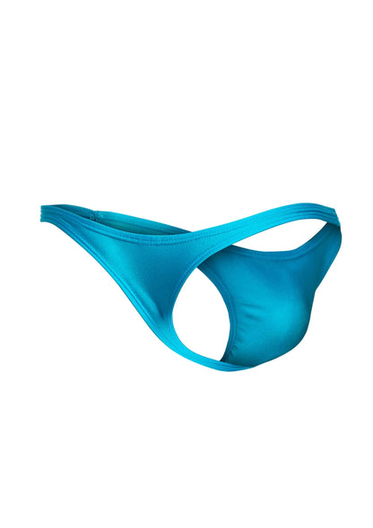 Heren tanga in aqua blauw platgelegd, smalle opening bij de taille