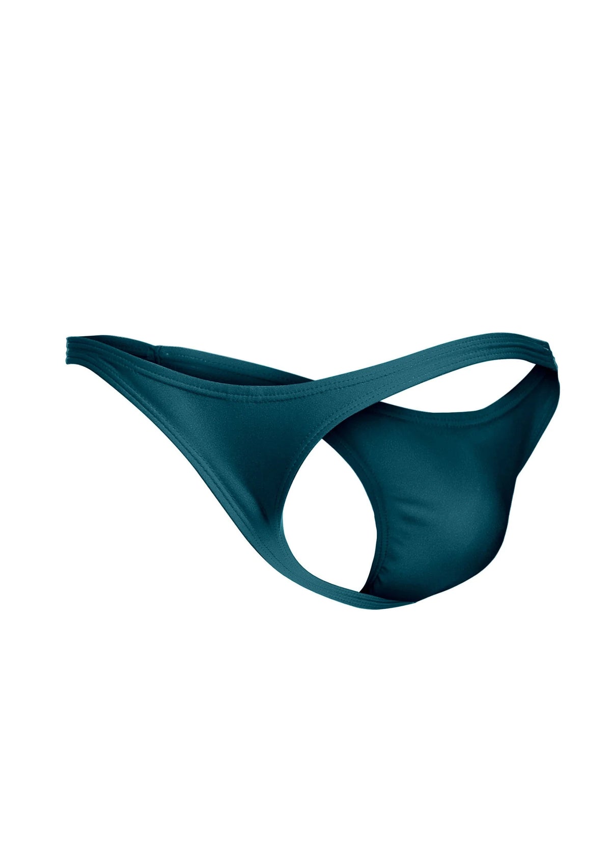 Aqua tanga met lage snit en ronde uitsparing aan de achterkant, effen ontwerp.