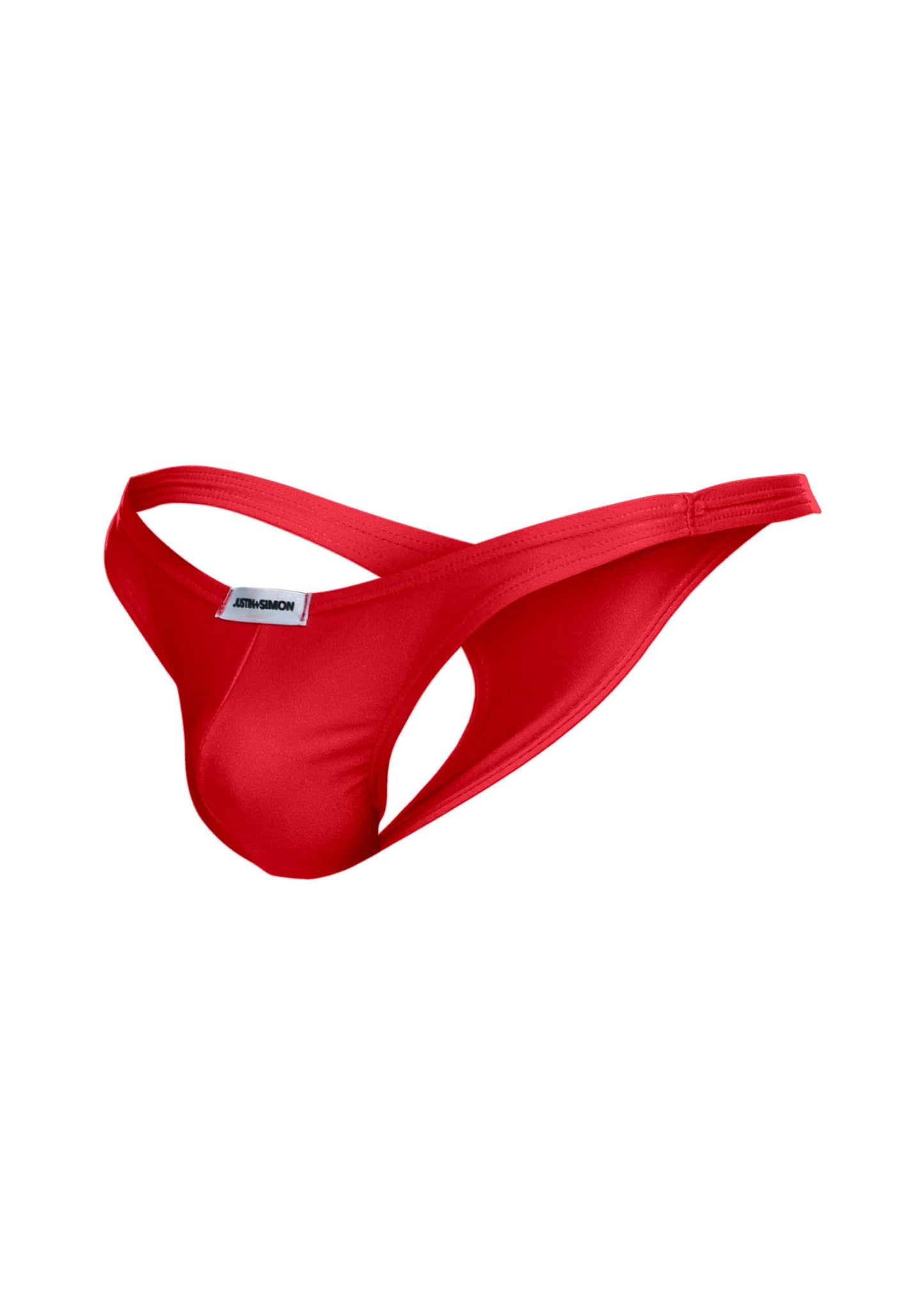 Rode tanga, effen stof met lage snit en kleine logo-label op de tailleband.