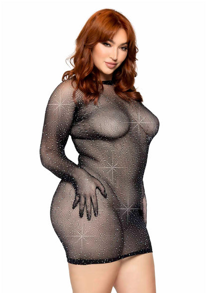 Plus Rhinestone Fishnet Gloved Mini Dress