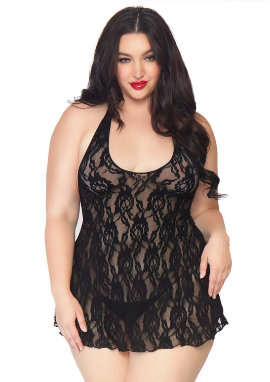 Beste vandaag nog: Plus Halter Rose Lace Dress - bij Happytoys Sexshop: online sex shop for Feeling Happy & Easy 😊 - Default Title - 82049 - BLACK - PLUS