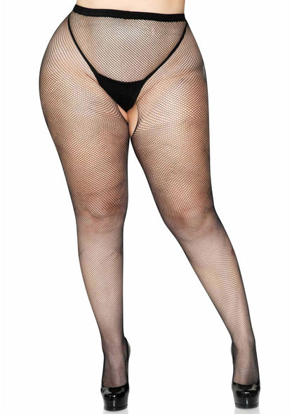 Zwarte fishnet panty met open kruis en V-vormige zwarte inzet bij taille