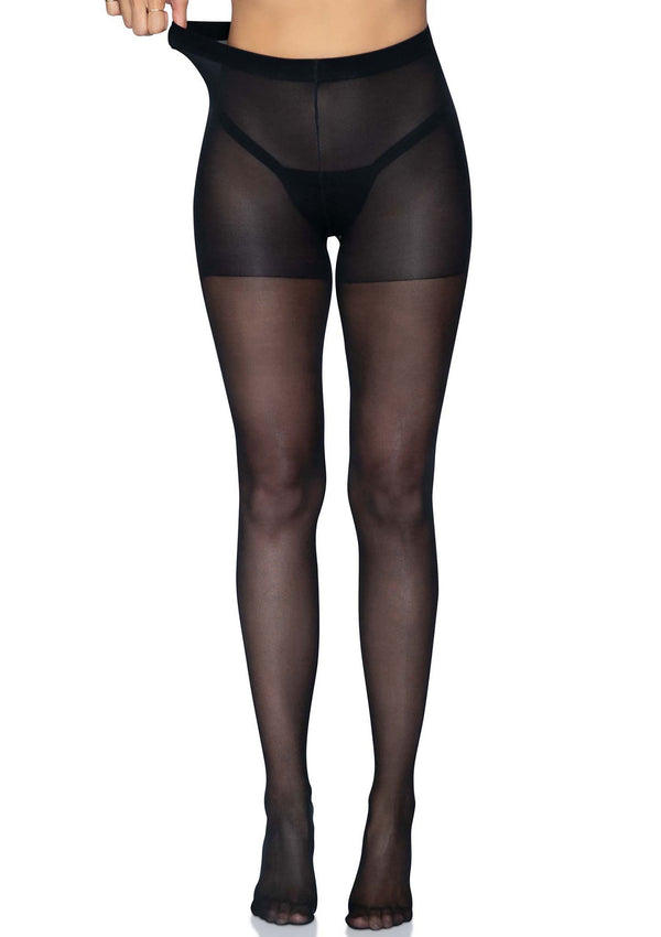 Zwarte transparante open-bil panty met brede band en open-bil detail bij de achterzijde.