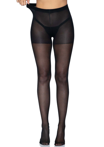 Zwarte transparante open-bil panty met brede band en open-bil detail bij de achterzijde.