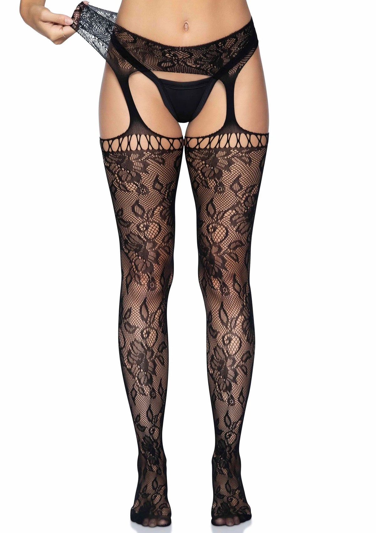 Bestel: Lace Stockings with Attached Garter Belt - bij Happytoys: de erotische sex webshop | liever Happy dan Easy ⭐⭐⭐⭐⭐
