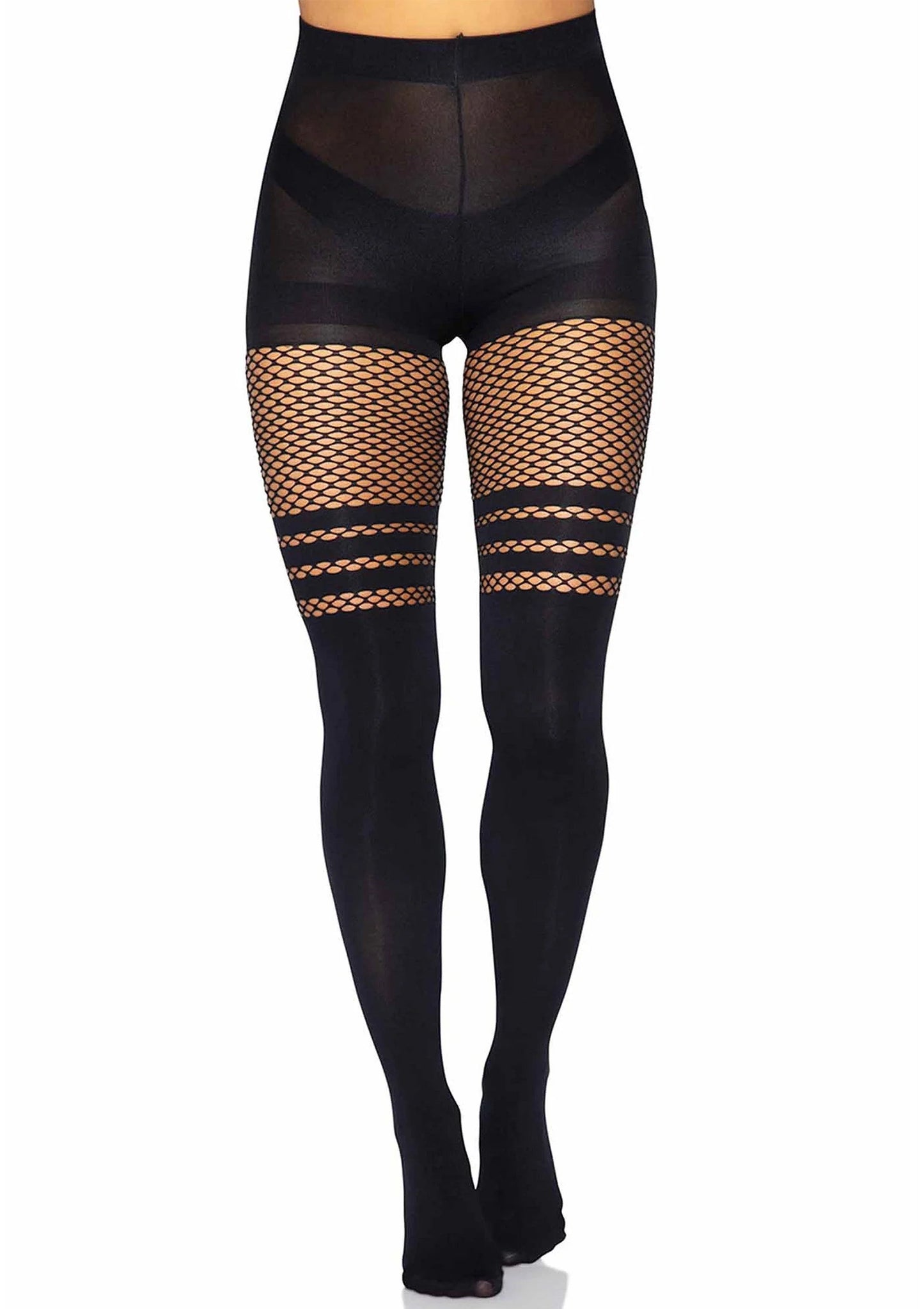 Zwarte panty achteraan met visnet inzet en fishnet strepen op de benen