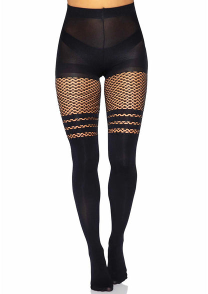 Zwarte panty achteraan met visnet inzet en fishnet strepen op de benen