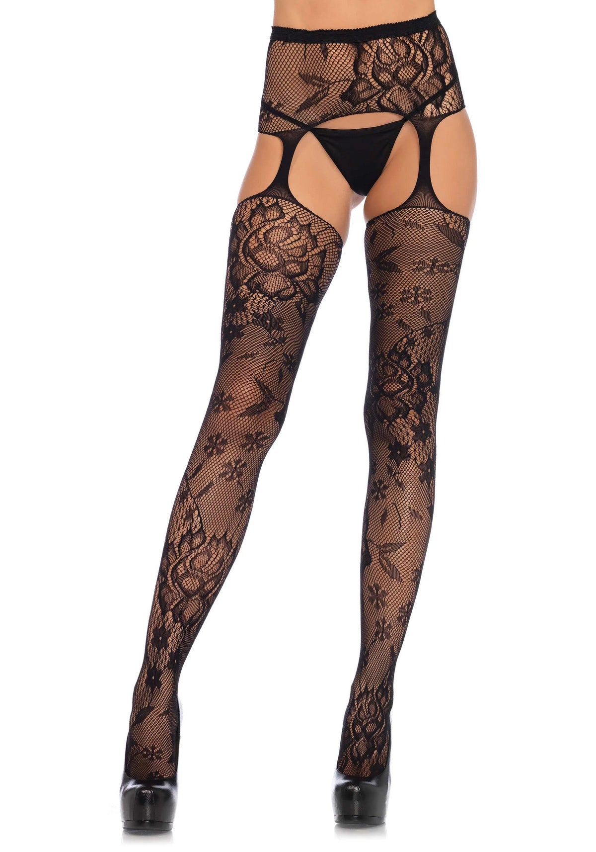 Bestel: Floral Lace Stockings with Garter Belt - bij Happytoys: de erotische sex webshop | liever Happy dan Easy ⭐⭐⭐⭐⭐