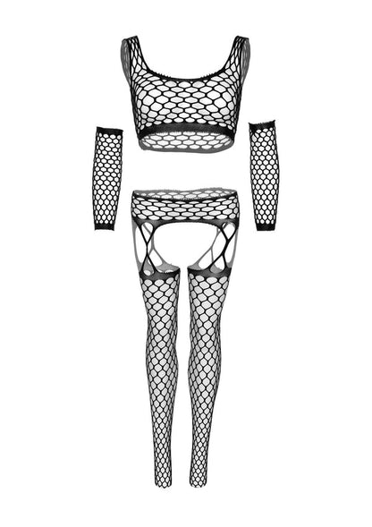Visnet set op een plat vlak: crop top, kousen, handschoenen en bijpassende string