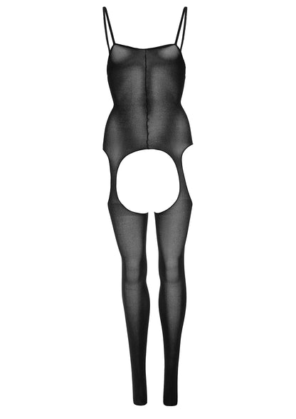 Zwarte bodystocking met jarretelles, open kruis en ronde uitsparing bij voorpand