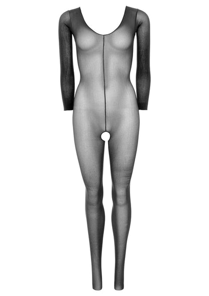 Zwarte doorschijnende lange-mouwen bodystocking met ronde hals, voor- en kruisopening