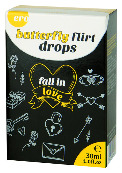 Ero butterfly flirt drops 30 ml doos met tekst 'fall in love' en iconen