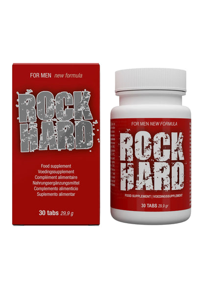 Rock Hard Pills fles en rode doos met 'FOR MEN new formula' tekst