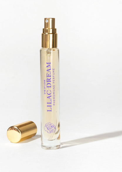 Lilac Dream parfumflesje met gouden verstuiver, doorzichtige glasfles.