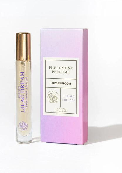 Parfumflesje met doos, paarse verpakking en label 'Love in Bloom'