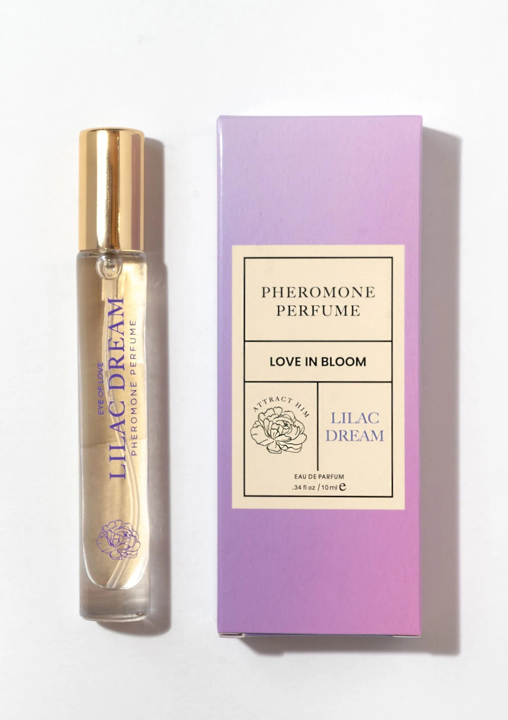 Parfumflesje met paarse doos, gouden dop en label 'Lilac Dream'