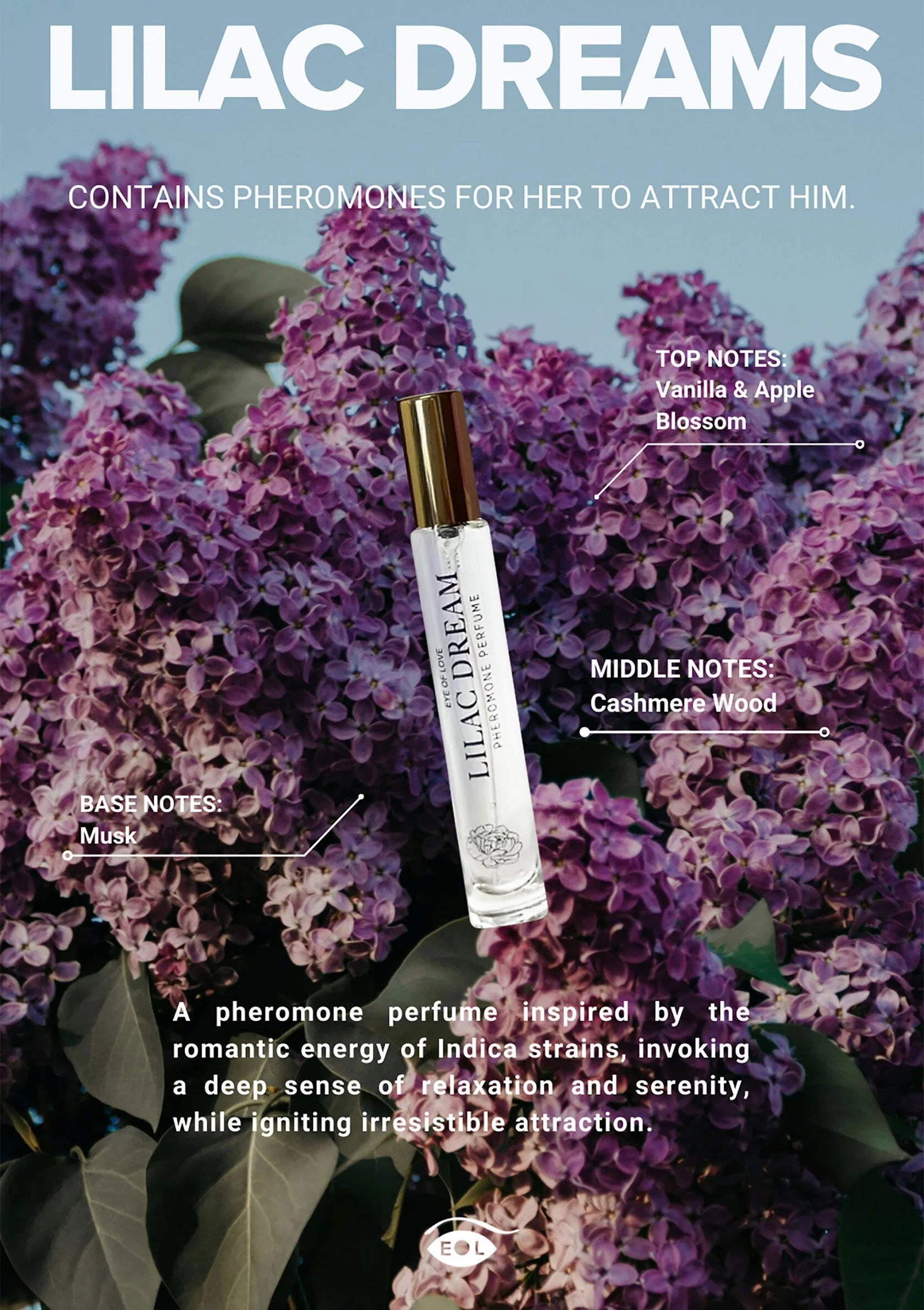 Parfumroller met gouden dop en doorzichtige fles, opdruk 'Lilac Dream'