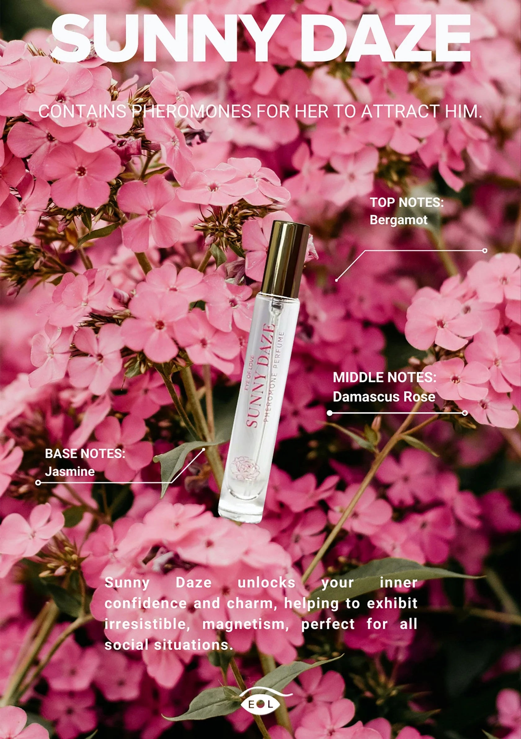 Sunny Daze parfumflesje met gouden verstuiver, etiket met bloemillustraties.