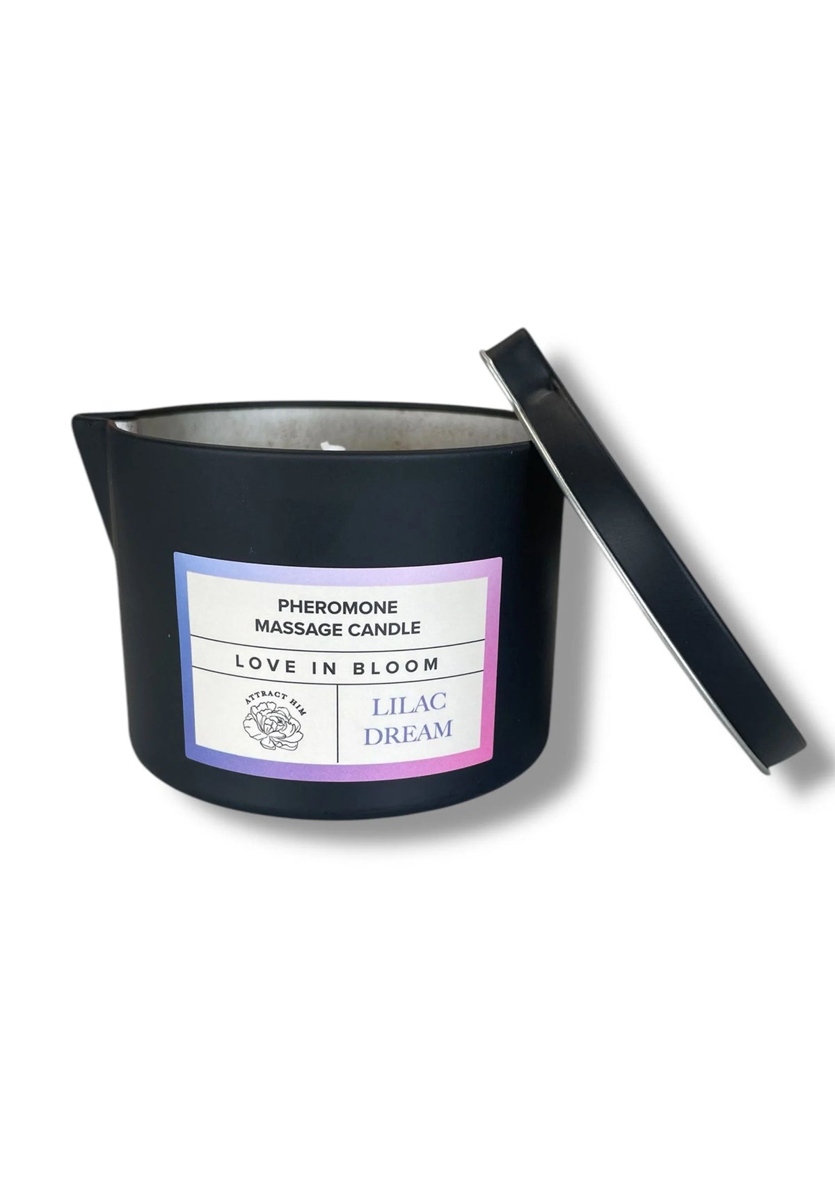 Zwarte massagekaars met etiket Love in Bloom en Lilac Dream, deksel opzij.