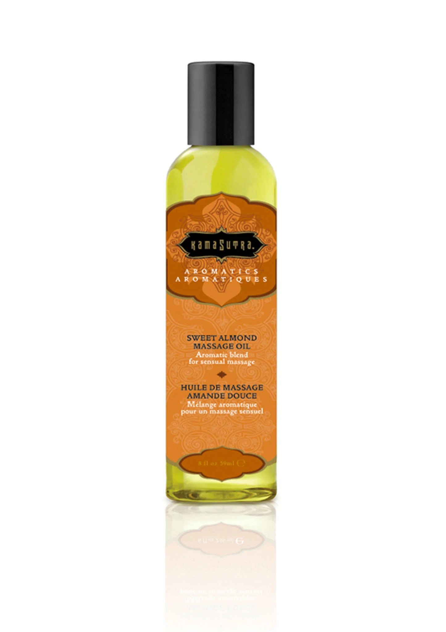 Kamastrutra massageolie in groene fles met zwarte dop, Sweet Almond-label