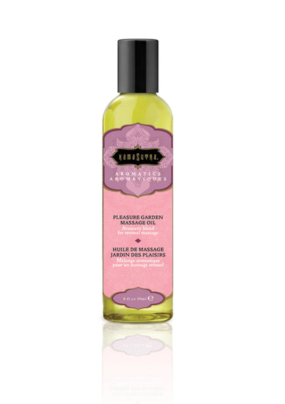 Kamastrutra massageolie in groene fles met zwarte dop, Pleasure Garden-label