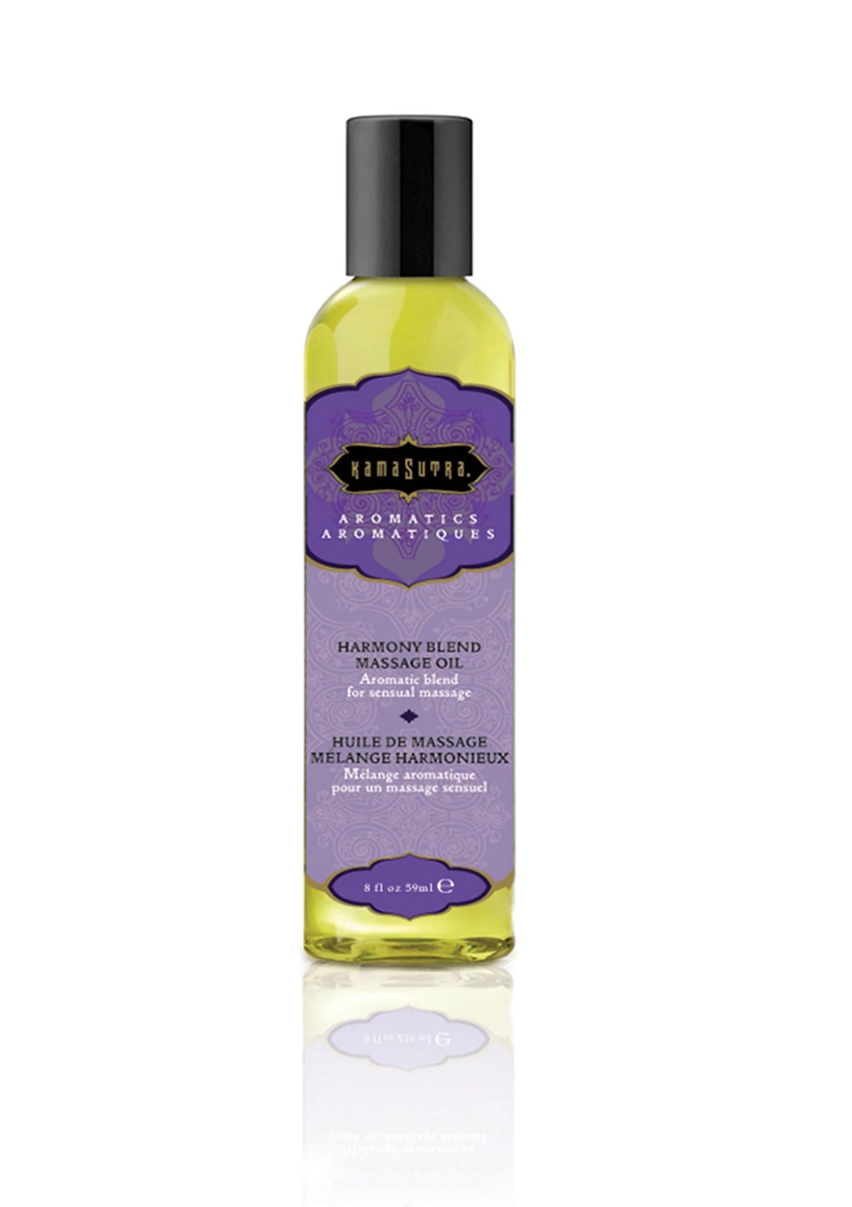 Massageolie van Kamastrutra, groene fles met zwarte dop en paarse Harmony Blend-label