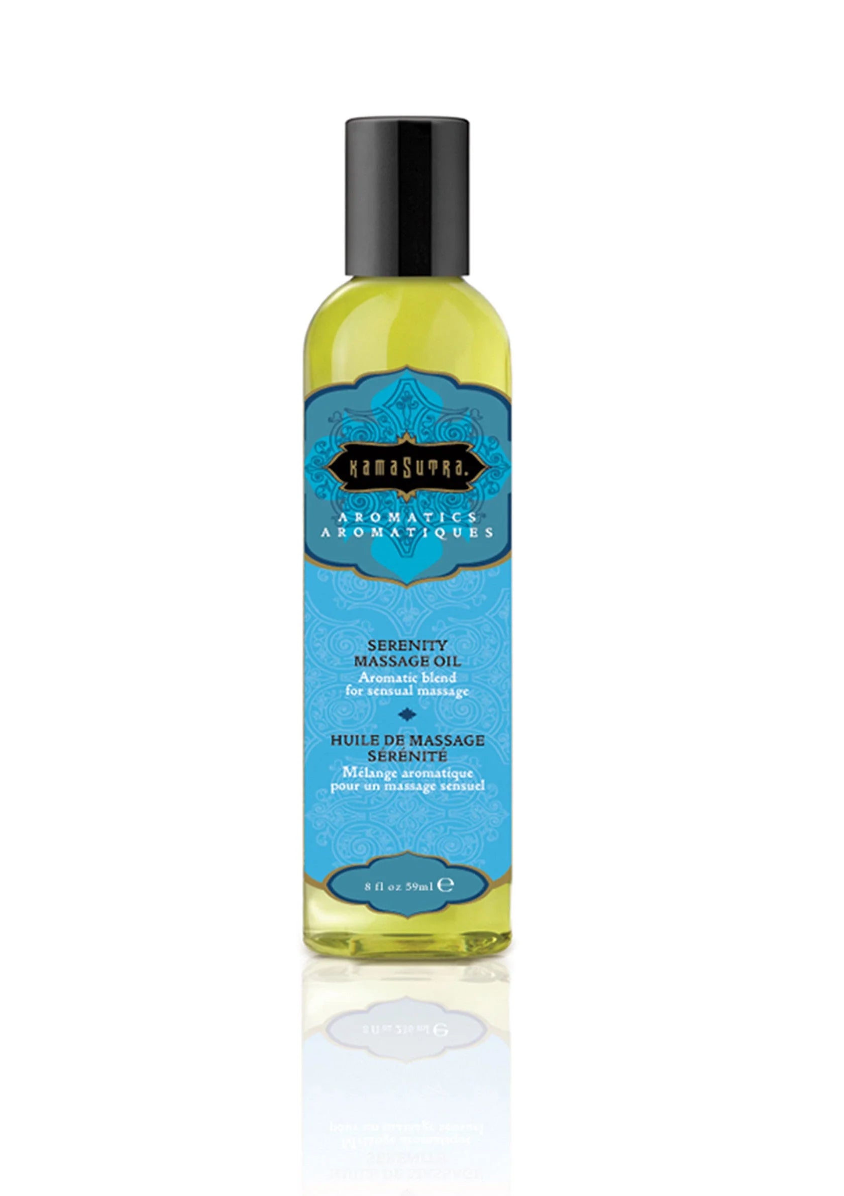 Kamastrutra massageolie in groene fles met zwarte dop, Serenity-label met blauw ornament
