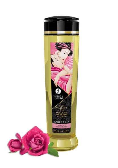 Shunga massageolie in gouden fles met zwarte dop, Aphrodisia-variantaanduiding