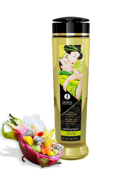 Shunga massageolie in gouden fles met zwarte dop, Aphrodisia-variantaanduiding