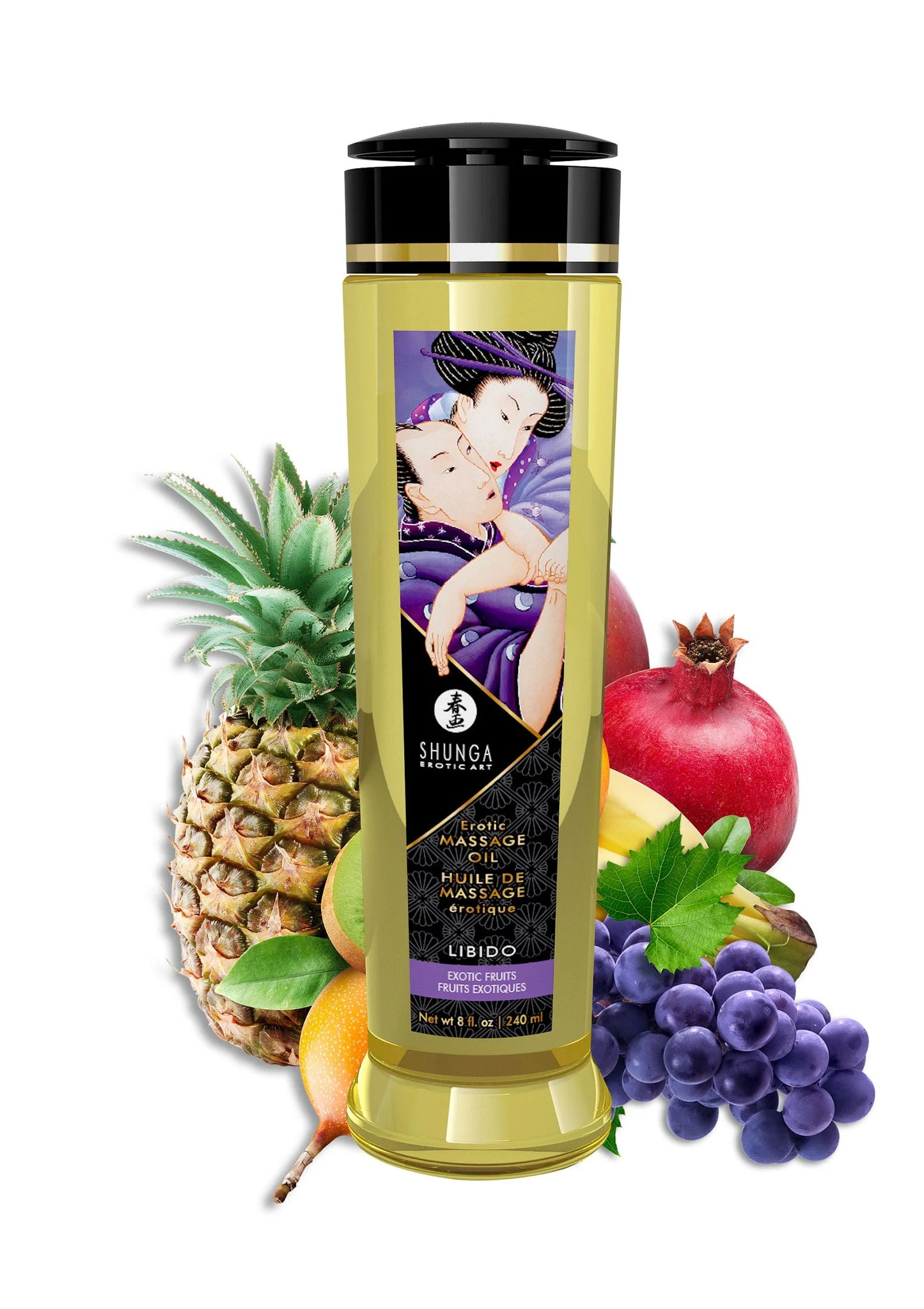 Massageolie-fles Shunga met zwarte dop en paarse etiket, met fruit en bloem.