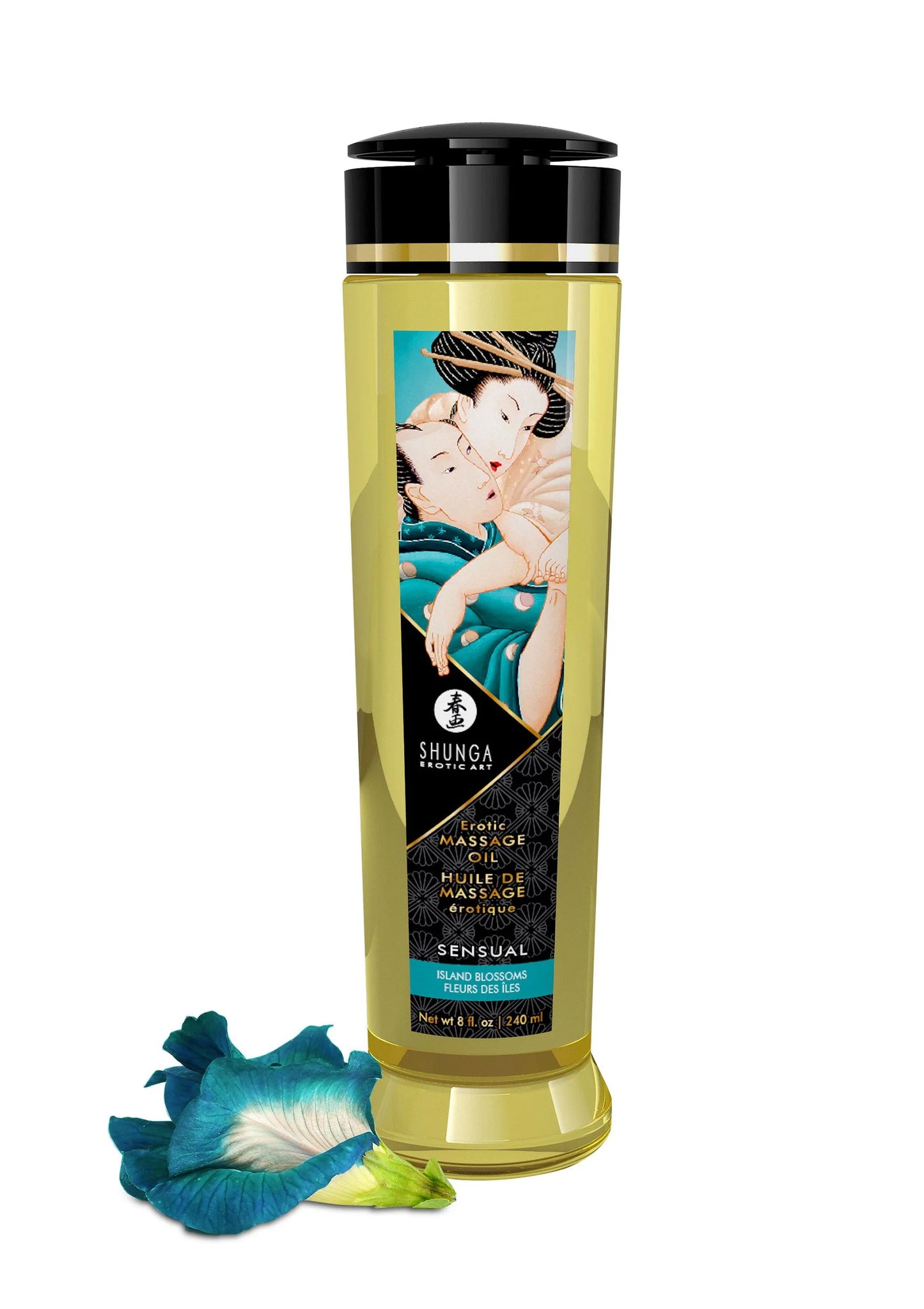 Shunga massageolie-fles met zwarte dop en gouden etiket, met blauwe bloemen