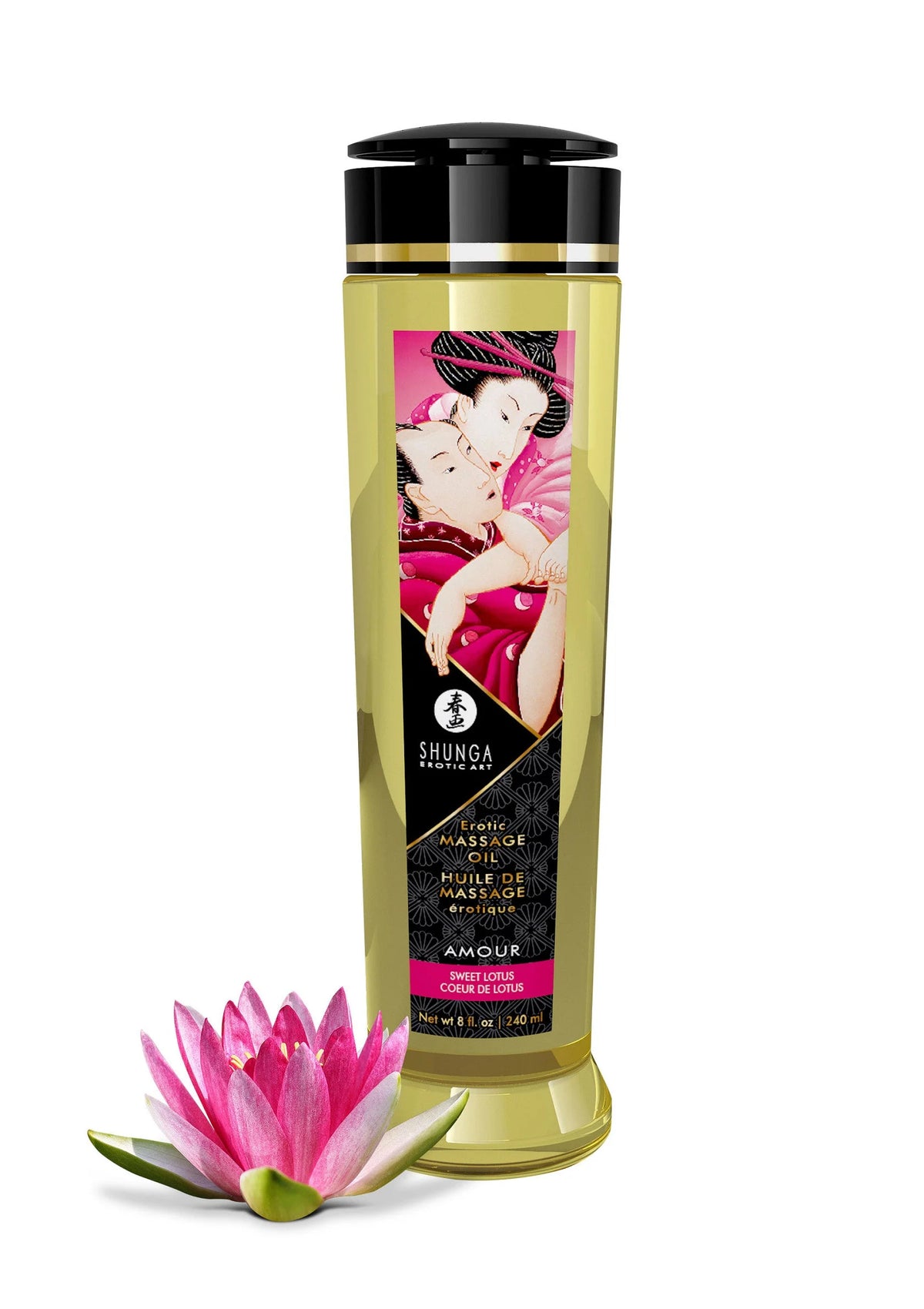 Shunga massageolie-fles met zwarte dop, gouden etiket en lotus met roze bloem