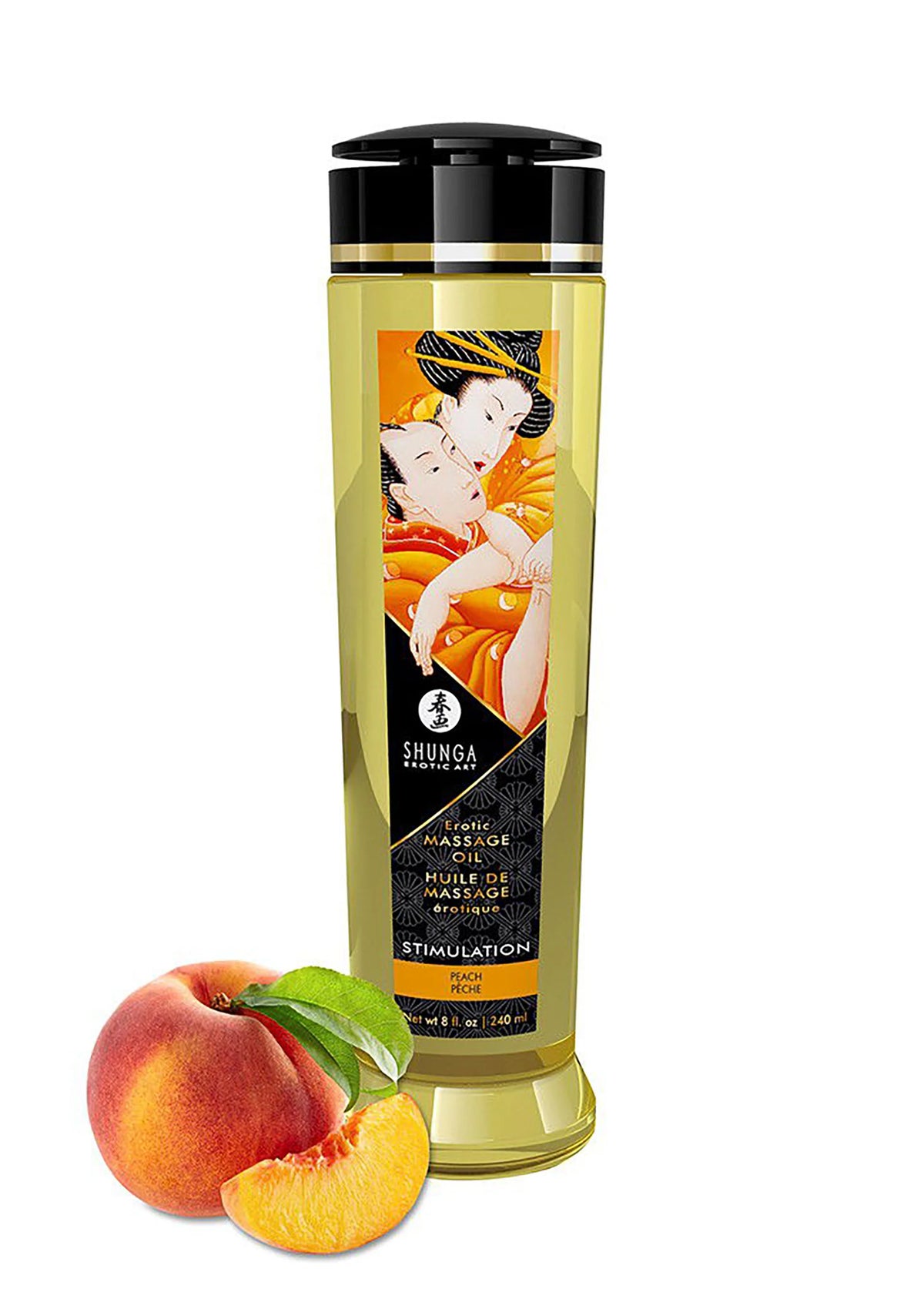 Shunga massageolie-fles met zwarte dop en gouden etiket, met perzik en blaadje