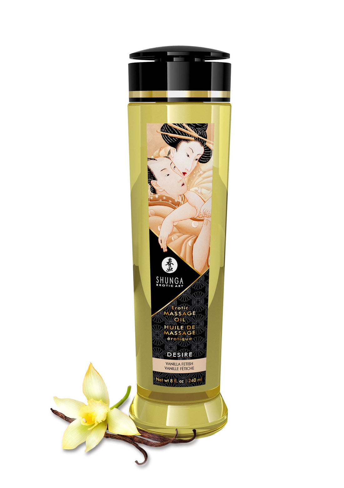 Shunga massageolie in gele fles met zwarte dop en gouden band, met witte orchidee