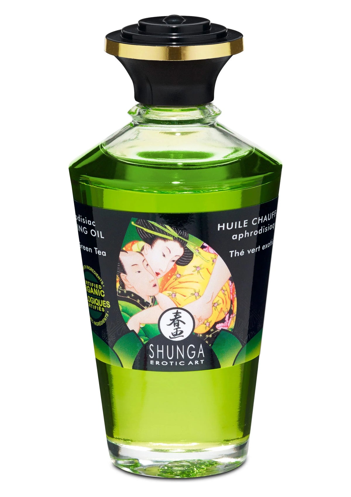 Shunga warmingolie met exotische groene thee, 100 ml fles met zwarte dop