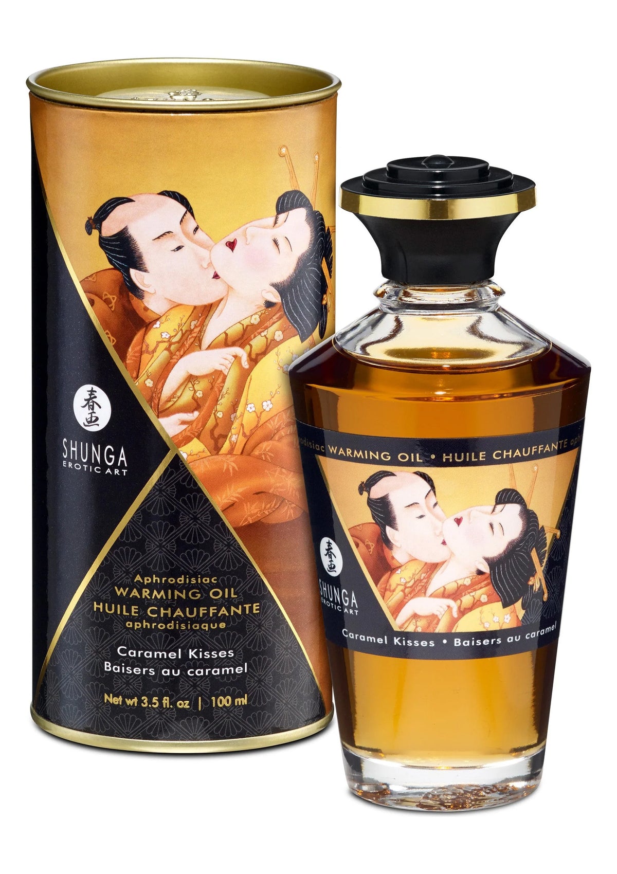 Shunga opwarmolie 100 ml in fles en blik, amber karamel-stijl.