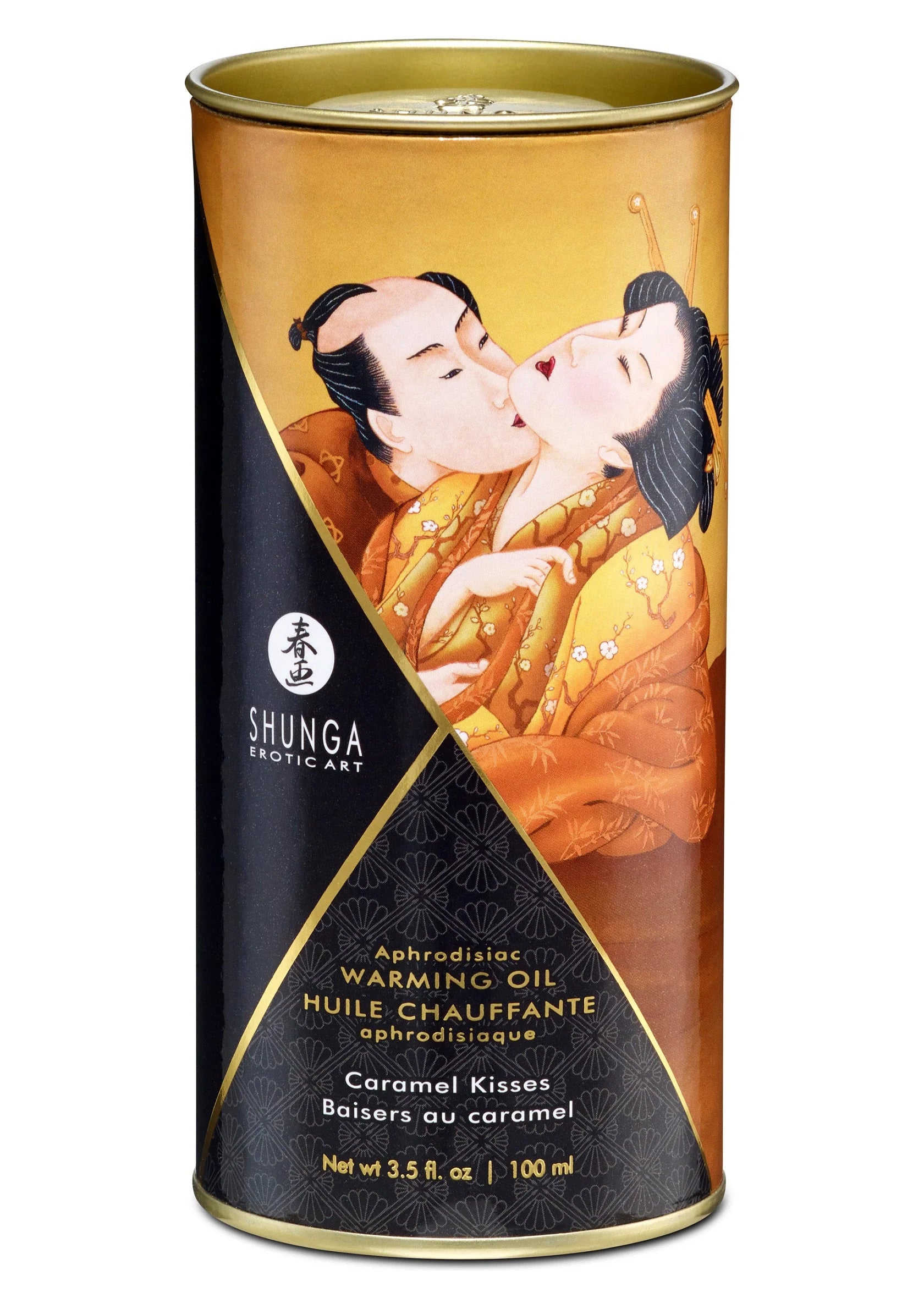 Shunga opwarmolie in blik met Caramel Kisses-illustratie en gouddeksel