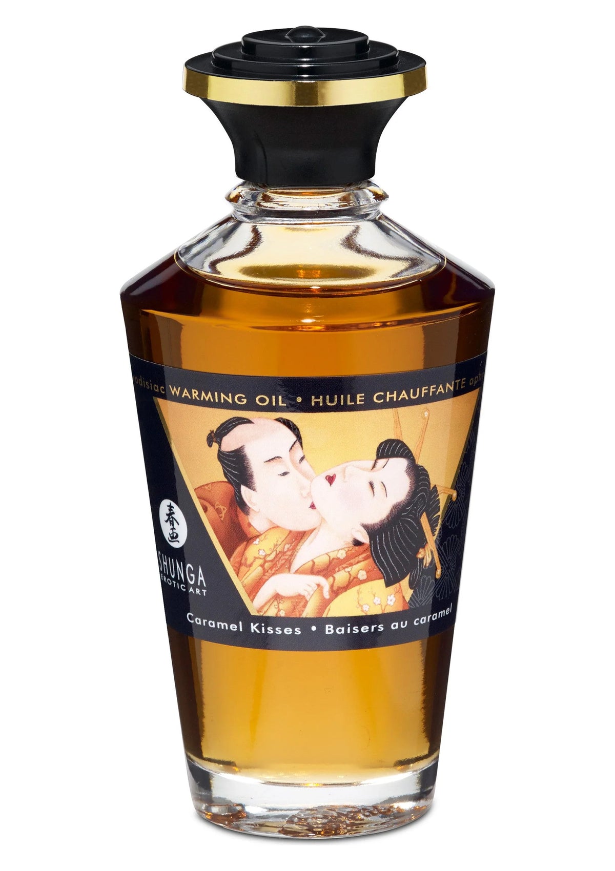 Shunga opwarmolie fles met caramel kisses-etiket en ambervloeistof