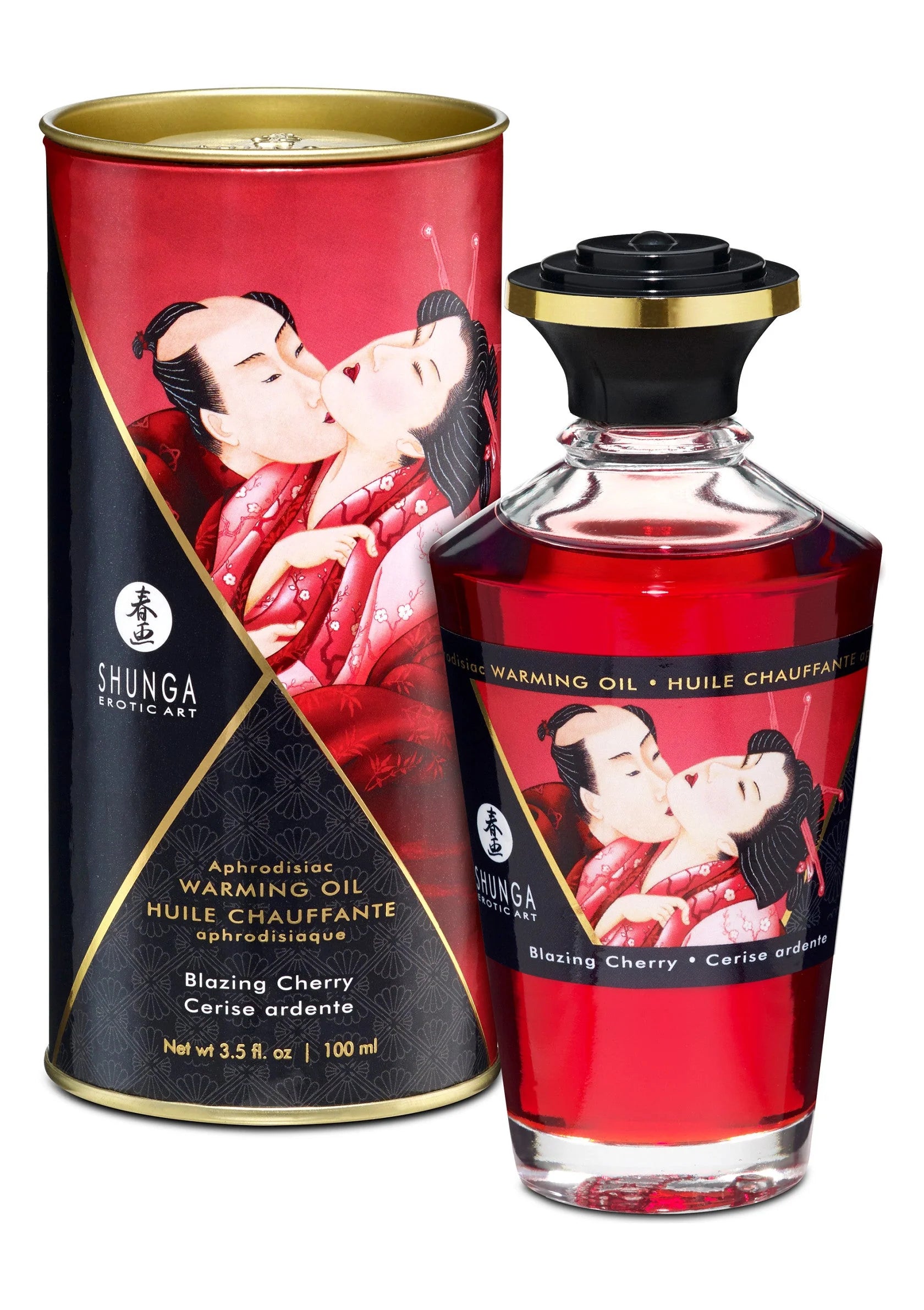 Shunga verwarmende olie, Blazing Cherry, 100 ml; rood blik en rode fles