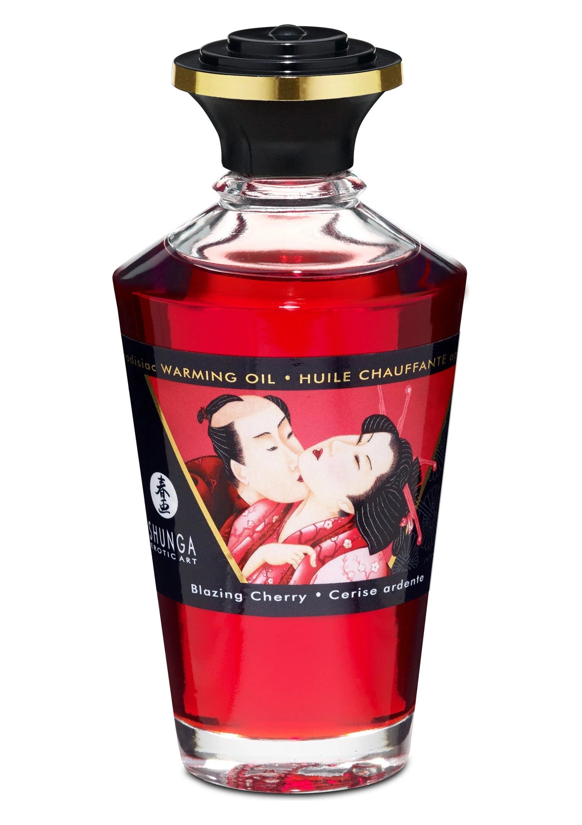 Shunga verwarmende olie fles met rode vloeistof en zwarte dop