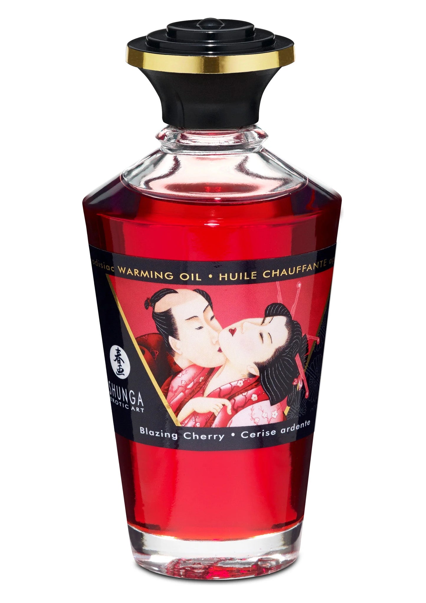 Verwarmingsolie fles, rood doorzichtig glas, zwarte dop en gouden ring