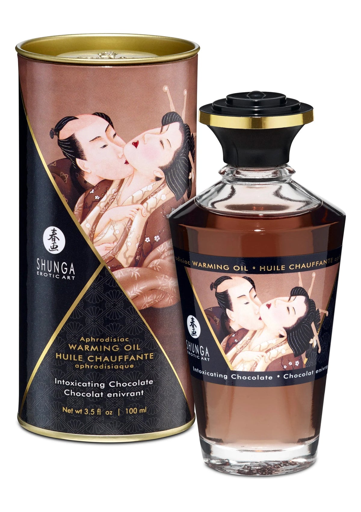 Shunga verwarmingsolie Intoxicating Chocolate, bruin blik en donkerbruine fles, 100 ml.