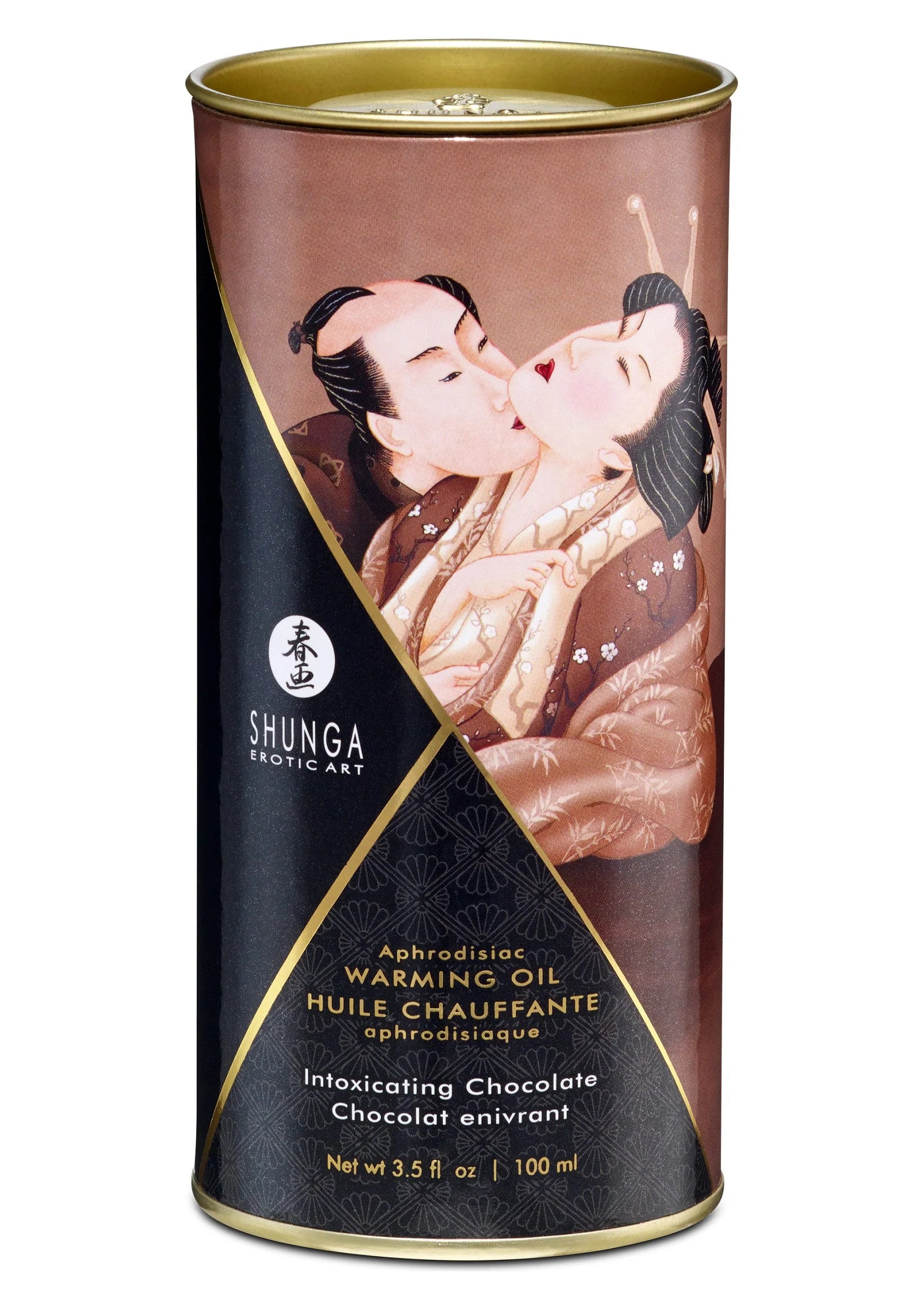 Warming oil fles met zwarte dop en bruin etiket, afbeelding van koppel; Intoxicating Chocolate