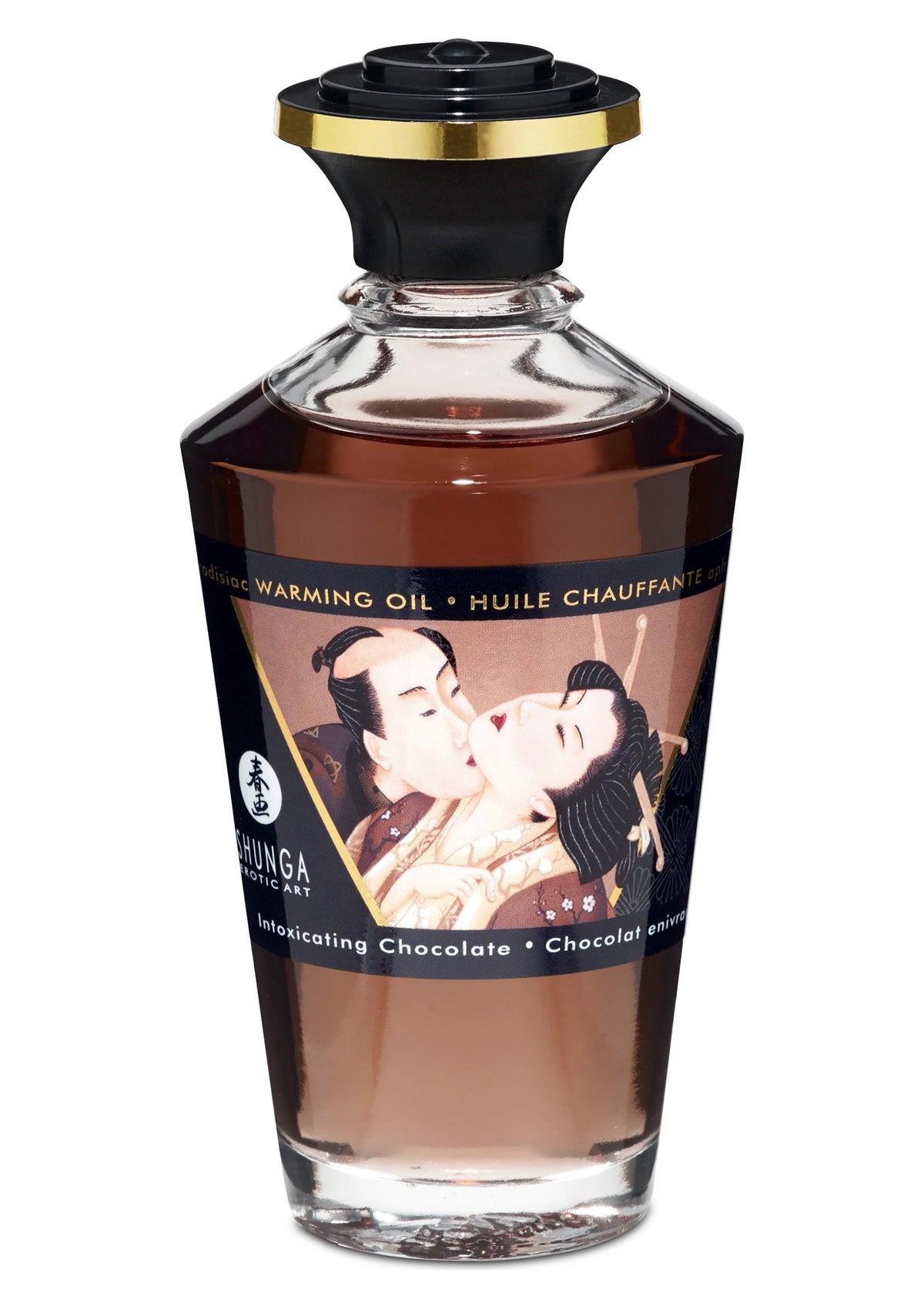Verwarmende olie-fles Shunga met bruin transparante inhoud en dop