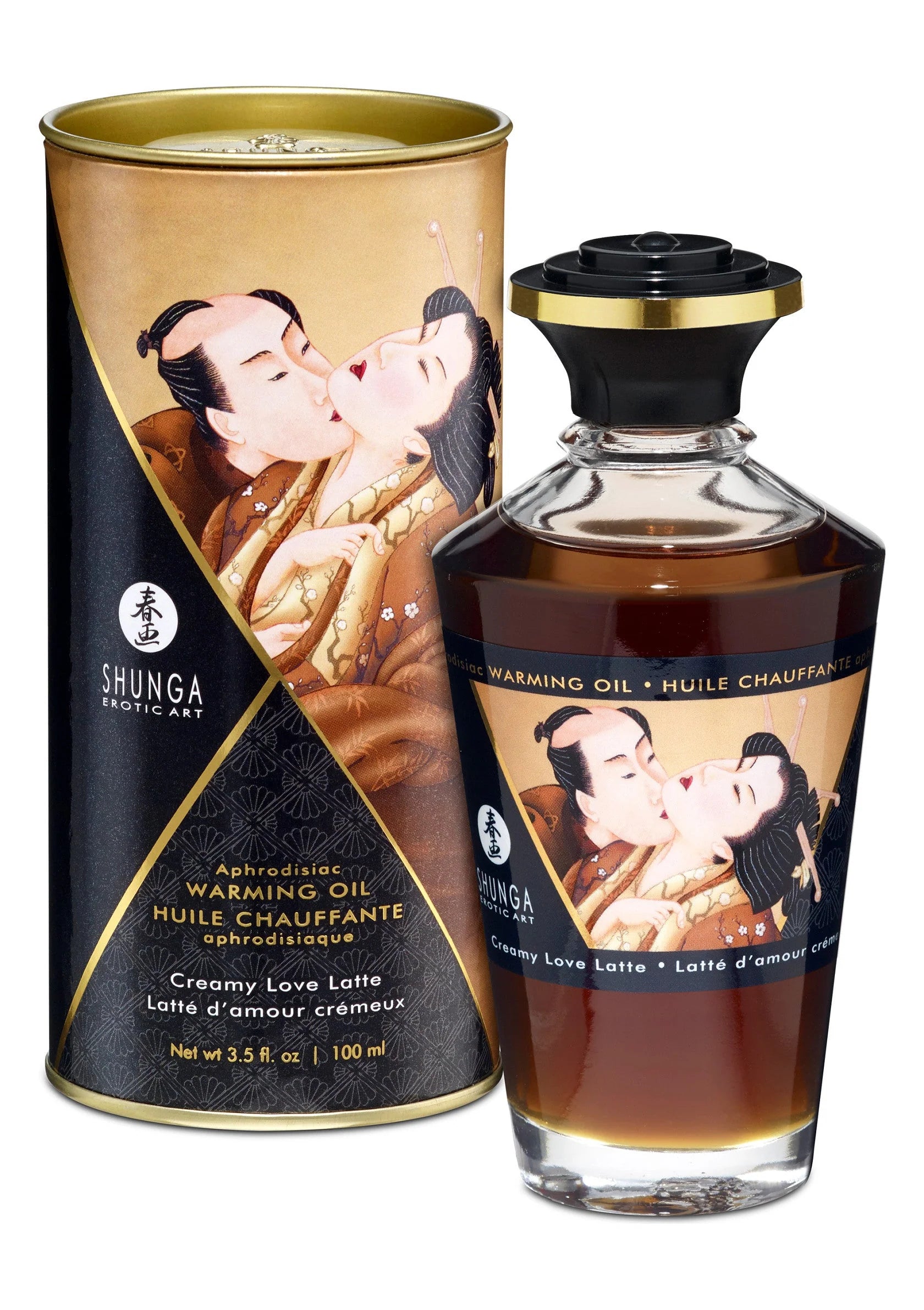 Shunga verwarmingsolie Velvet Love, bruin blik en bruine fles met zwarte dop, 100 ml.