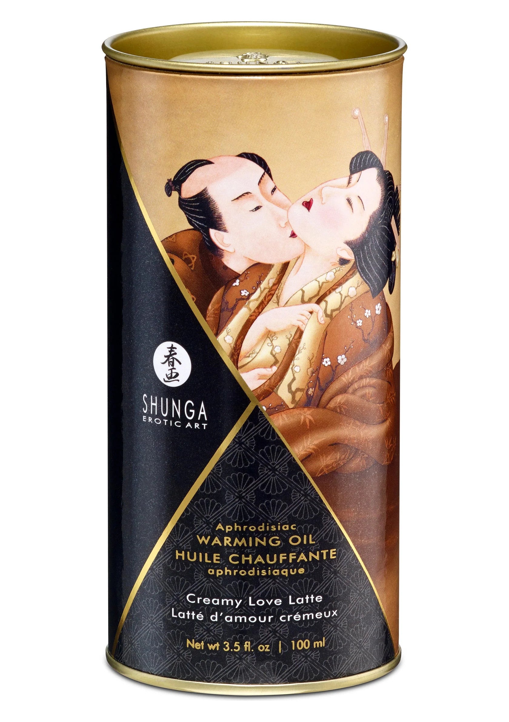 Verwarmende olie-fles Shunga met etiket 'Creamy Love Latte' en goudkleurige dop