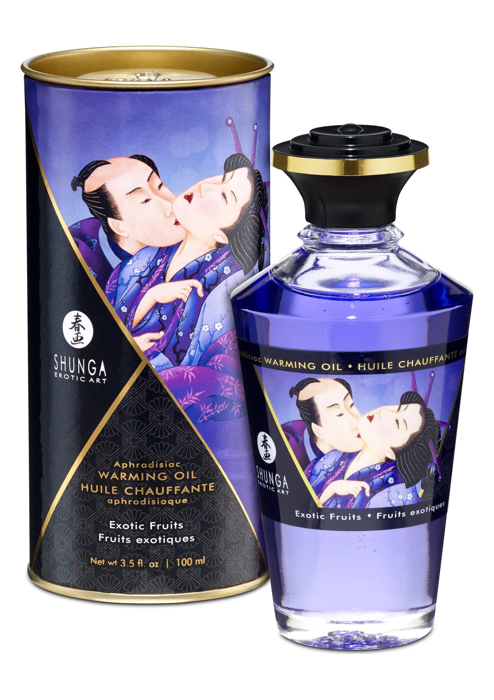 Shunga opwarmolie 100 ml in fles en blik, blauwe exotische fruitlook.